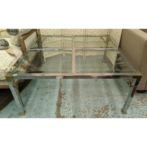 280 - LOW TABLE, 111cm x 111cm x 50cm, vintage 20th century polished metal, gilt detail, four panel bevell... 