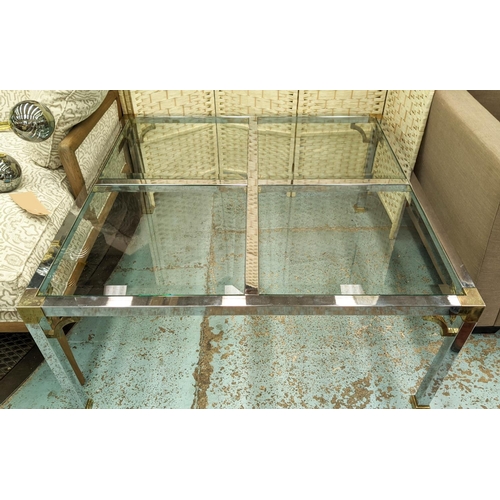 280 - LOW TABLE, 111cm x 111cm x 50cm, vintage 20th century polished metal, gilt detail, four panel bevell... 