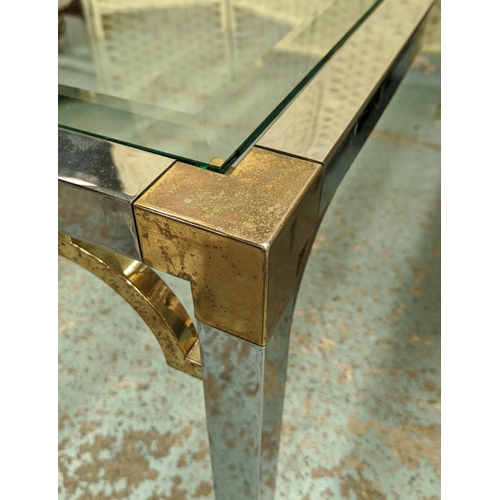 280 - LOW TABLE, 111cm x 111cm x 50cm, vintage 20th century polished metal, gilt detail, four panel bevell... 