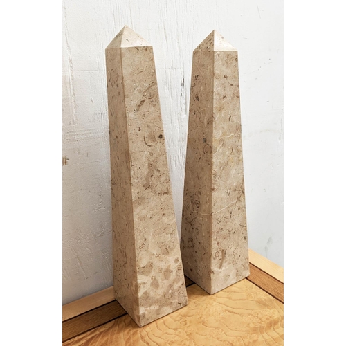 281 - MARBLE TABLE OBELISKS, a pair, 36cm H. (2)