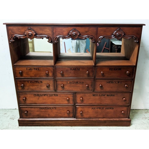 288 - APOTHECARY CABINET, 39cm  x 158cm W x 183cm H, Victoria mahogany with carved detail and named.