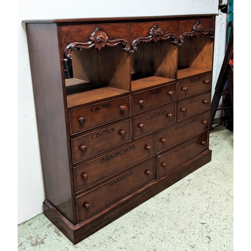 288 - APOTHECARY CABINET, 39cm  x 158cm W x 183cm H, Victoria mahogany with carved detail and named.