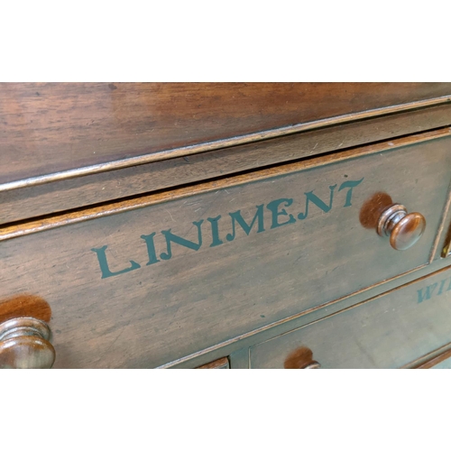 288 - APOTHECARY CABINET, 39cm  x 158cm W x 183cm H, Victoria mahogany with carved detail and named.