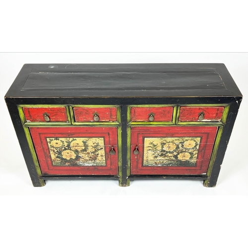 57 - SIDEBOARD, Chinese lacquered and polychrome painted with four drawers above two panel doors enclosin... 