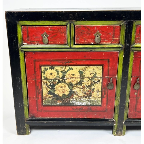 57 - SIDEBOARD, Chinese lacquered and polychrome painted with four drawers above two panel doors enclosin... 