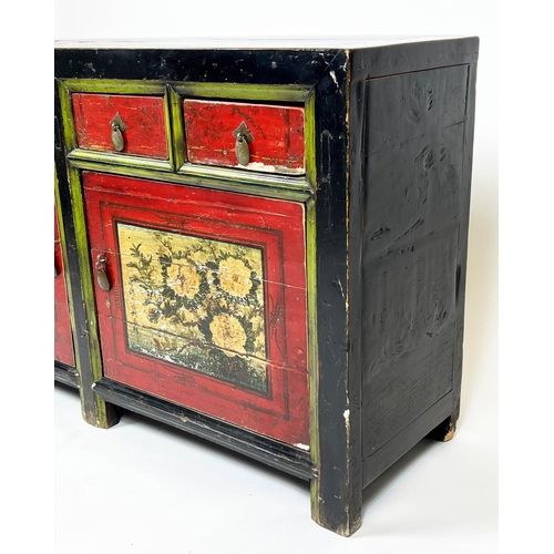 57 - SIDEBOARD, Chinese lacquered and polychrome painted with four drawers above two panel doors enclosin... 