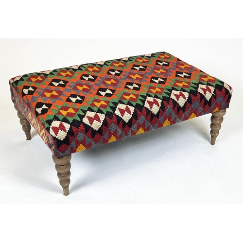 77 - HEARTH STOOL, 39cm H x 104cm W x 62cm D, kilim design upholstered, on beechwood legs.