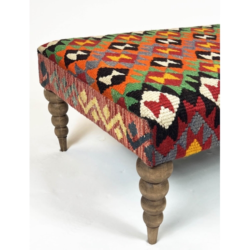 77 - HEARTH STOOL, 39cm H x 104cm W x 62cm D, kilim design upholstered, on beechwood legs.