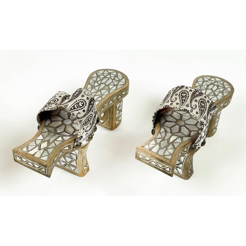 9 - SYRIAN BATH SHOES, two pairs, with four Syrian mother of pearl inlaid mirrors, mirrors 52cm x 31cm. ... 