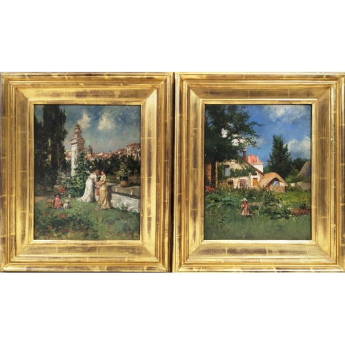 52A - MARQUET, 'Garden Scenes with Figures', oil on board, 26cms x 21cms, a pair, signed and dated '1874',... 
