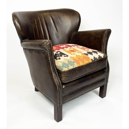 158 - TIMOTHY OULTON HALO PROFESSOR ARMCHAIR, studded brown leather with a reversible kilim/leather uphols... 