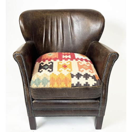 158 - TIMOTHY OULTON HALO PROFESSOR ARMCHAIR, studded brown leather with a reversible kilim/leather uphols... 