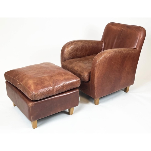 230 - HABITAT HAVANNA CLUB ARMCHAIR AND STOOL, stitched tan leather, armchair: 81cm H x 68cm W, stool: 41c... 