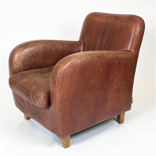 230 - HABITAT HAVANNA CLUB ARMCHAIR AND STOOL, stitched tan leather, armchair: 81cm H x 68cm W, stool: 41c... 