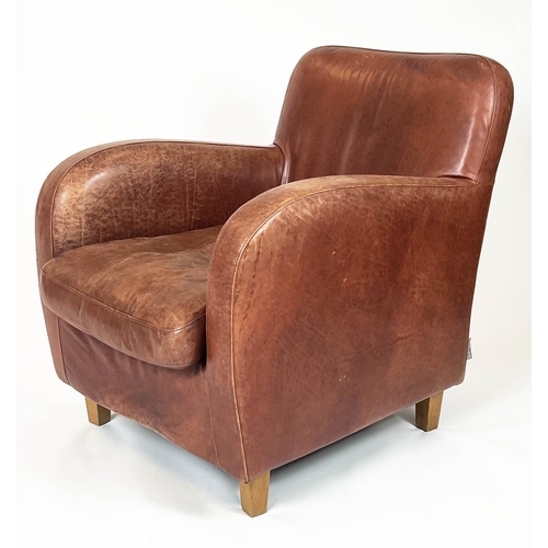 230 - HABITAT HAVANNA CLUB ARMCHAIR AND STOOL, stitched tan leather, armchair: 81cm H x 68cm W, stool: 41c... 