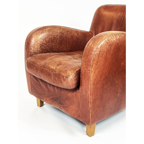 230 - HABITAT HAVANNA CLUB ARMCHAIR AND STOOL, stitched tan leather, armchair: 81cm H x 68cm W, stool: 41c... 