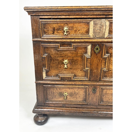 231 - CHEST, Charles II oak, circa 1660, with three graduated drawers raised on bun feet, 82cm H x 86cm W ... 