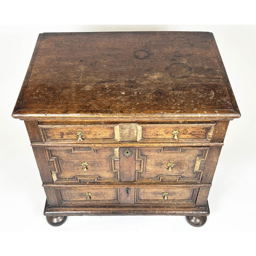 231 - CHEST, Charles II oak, circa 1660, with three graduated drawers raised on bun feet, 82cm H x 86cm W ... 