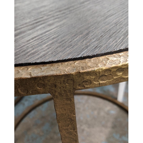 486 - PORTA ROMANA SIDE TABLES, a pair, each 68cm W x 62cm H, hammered metal frames with wooden tops. (2)