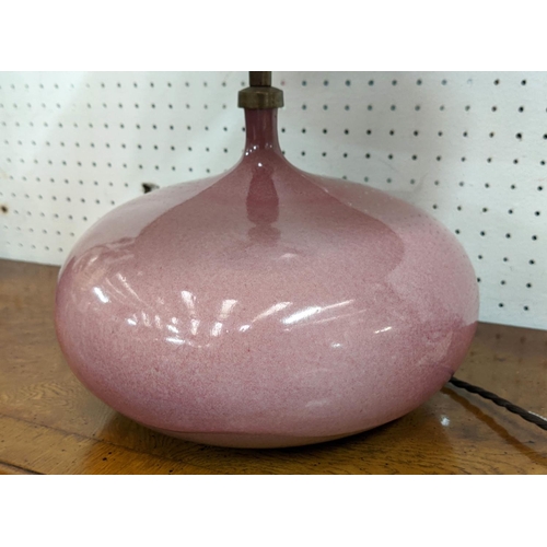 571 - TABLE LAMP, 28cm W, with a pink ceramic base, purchased from Rose Uniacke, with shade.