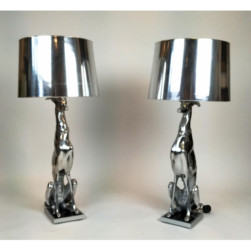 285 - GREYHOUND TABLE LAMPS, aluminium with 'silver' shades, 100cm H (including shades).