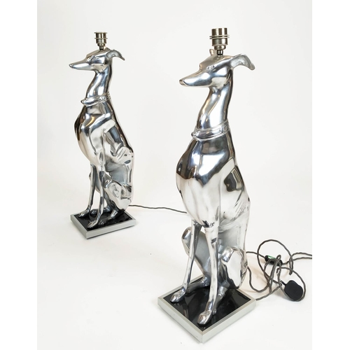 285 - GREYHOUND TABLE LAMPS, aluminium with 'silver' shades, 100cm H (including shades).