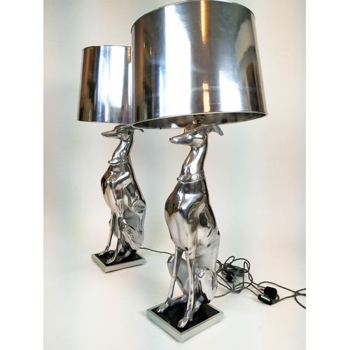 285 - GREYHOUND TABLE LAMPS, aluminium with 'silver' shades, 100cm H (including shades).