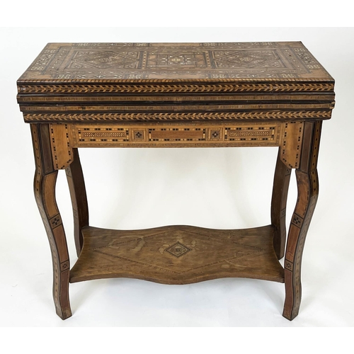 295 - GAMES TABLE, 84cm H x 83cm W x 81cm D, early 20th century Damascus parquetry with green fabric hinge... 