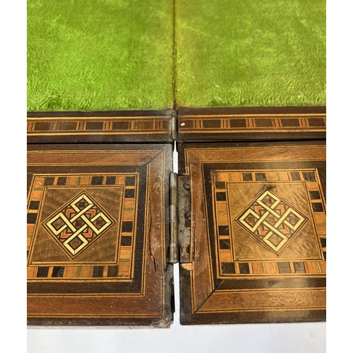 295 - GAMES TABLE, 84cm H x 83cm W x 81cm D, early 20th century Damascus parquetry with green fabric hinge... 