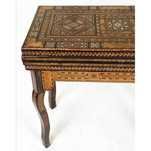 295 - GAMES TABLE, 84cm H x 83cm W x 81cm D, early 20th century Damascus parquetry with green fabric hinge... 