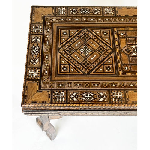 295 - GAMES TABLE, 84cm H x 83cm W x 81cm D, early 20th century Damascus parquetry with green fabric hinge... 