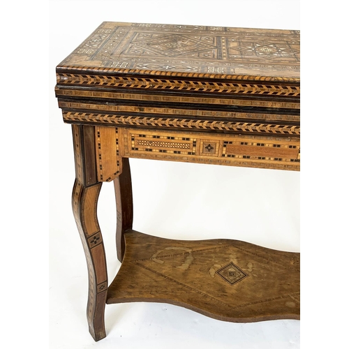 295 - GAMES TABLE, 84cm H x 83cm W x 81cm D, early 20th century Damascus parquetry with green fabric hinge... 