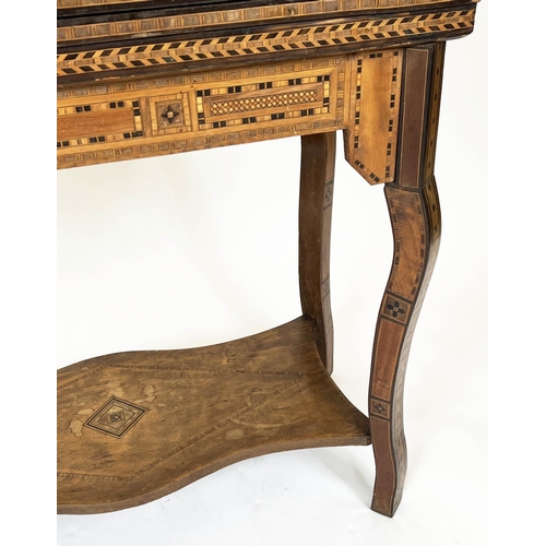 295 - GAMES TABLE, 84cm H x 83cm W x 81cm D, early 20th century Damascus parquetry with green fabric hinge... 