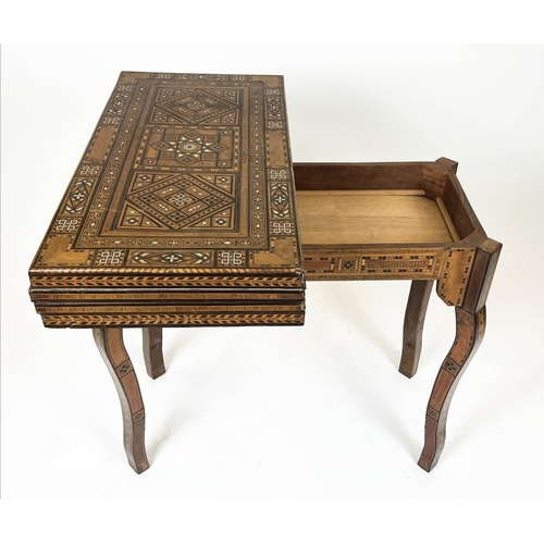 295 - GAMES TABLE, 84cm H x 83cm W x 81cm D, early 20th century Damascus parquetry with green fabric hinge... 