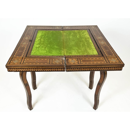 295 - GAMES TABLE, 84cm H x 83cm W x 81cm D, early 20th century Damascus parquetry with green fabric hinge... 