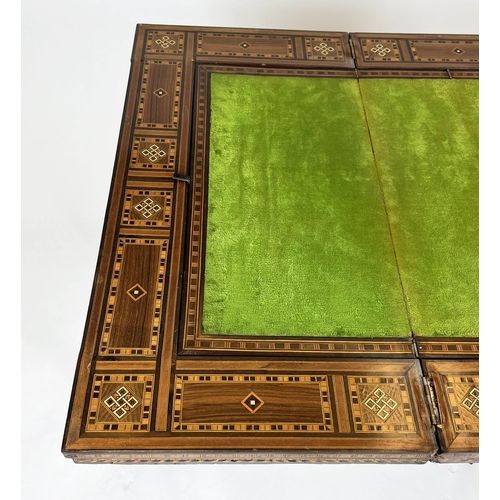 295 - GAMES TABLE, 84cm H x 83cm W x 81cm D, early 20th century Damascus parquetry with green fabric hinge... 