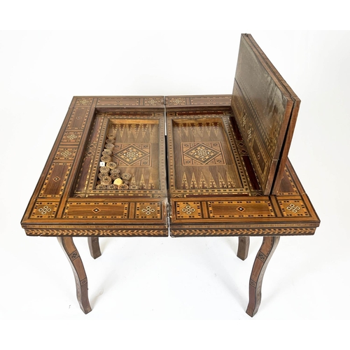 295 - GAMES TABLE, 84cm H x 83cm W x 81cm D, early 20th century Damascus parquetry with green fabric hinge... 