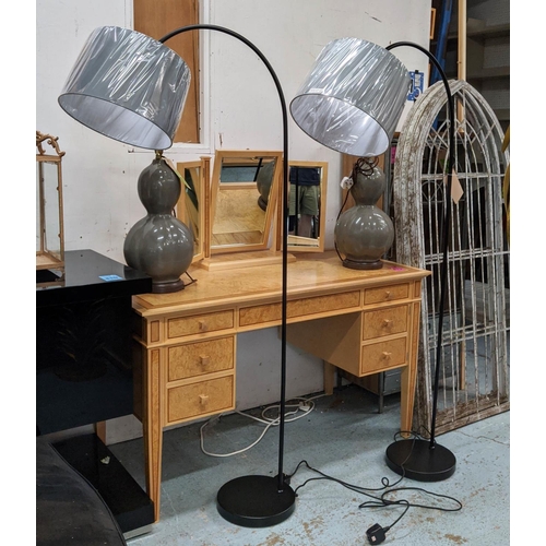 364 - FLOOR LAMPS, a pair, contemporary black painted metal, grey shades, 164cm H. (2)