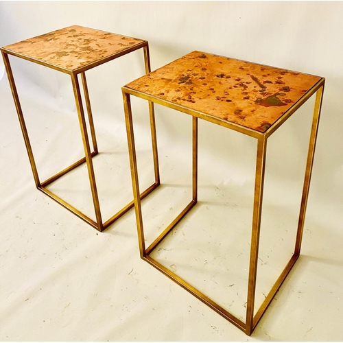 371 - SIDE TABLES, a pair, coppered tops, gilt metal supports, 63cm x 38cm x 30cm.