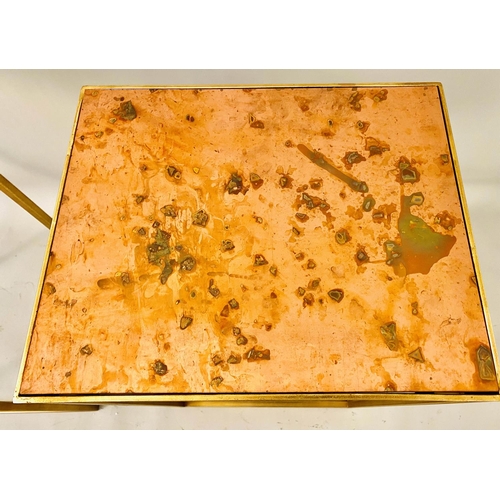 371 - SIDE TABLES, a pair, coppered tops, gilt metal supports, 63cm x 38cm x 30cm.