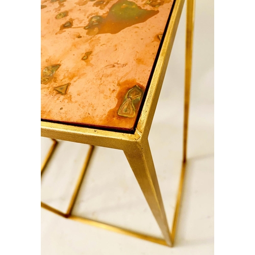 371 - SIDE TABLES, a pair, coppered tops, gilt metal supports, 63cm x 38cm x 30cm.