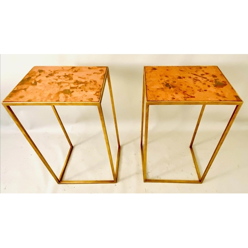 371 - SIDE TABLES, a pair, coppered tops, gilt metal supports, 63cm x 38cm x 30cm.