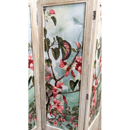 381 - FLOOR STANDING FOLDING SCREEN, each panel 183cm H x 51cm W, four fold with leaf and floral decoratio... 