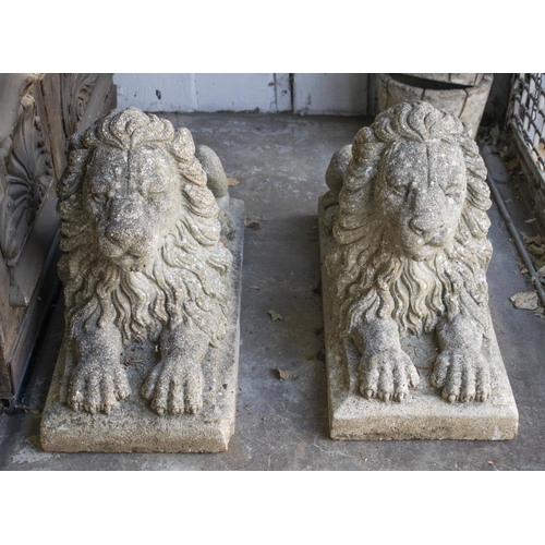 152 - RECUMBENT LIONS, 50cm H x 33cm W, sold as a pair, reconstituted stone. (2)