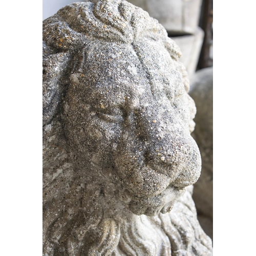 152 - RECUMBENT LIONS, 50cm H x 33cm W, sold as a pair, reconstituted stone. (2)