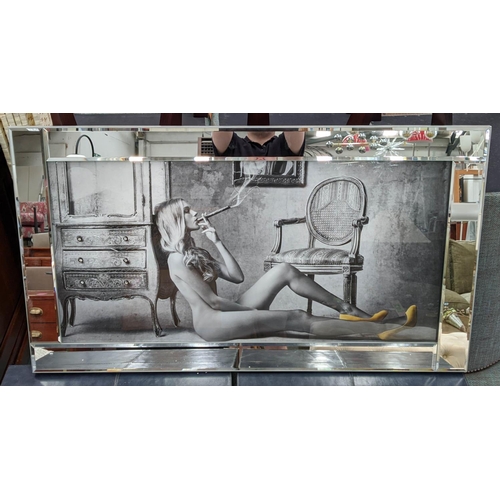 308 - CONTEMPORRARY SCHOOL PHOTOPRINT, 116cm x 66cm, Lounging Lady with Cigar, framed.