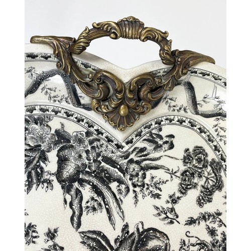 8 - TRAY ON STAND, ceramic shaped tray with bronze handles  ornately decorated with floral jungle animal... 