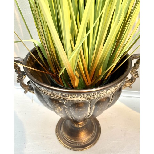 230 - FAUX PLANTS, pair, 80cm H x 30cm W approx., in twin handled pedestal urns, antique finish. (2)