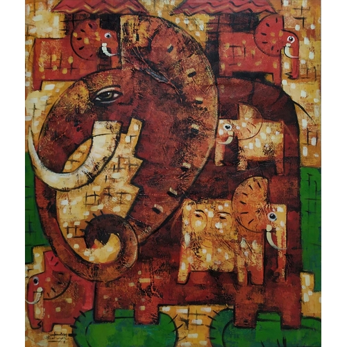 16 - CONTEMPORARY SCHOOL, Elephants, acrylic on canvas, 99.5cm x 119cm.