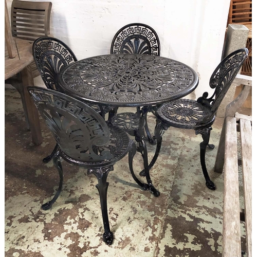 227 - COALBROOKDALE STYLE GARDEN DINING SET, including four chairs, 81.5cm H, and a table, 82cm diam. x 69... 